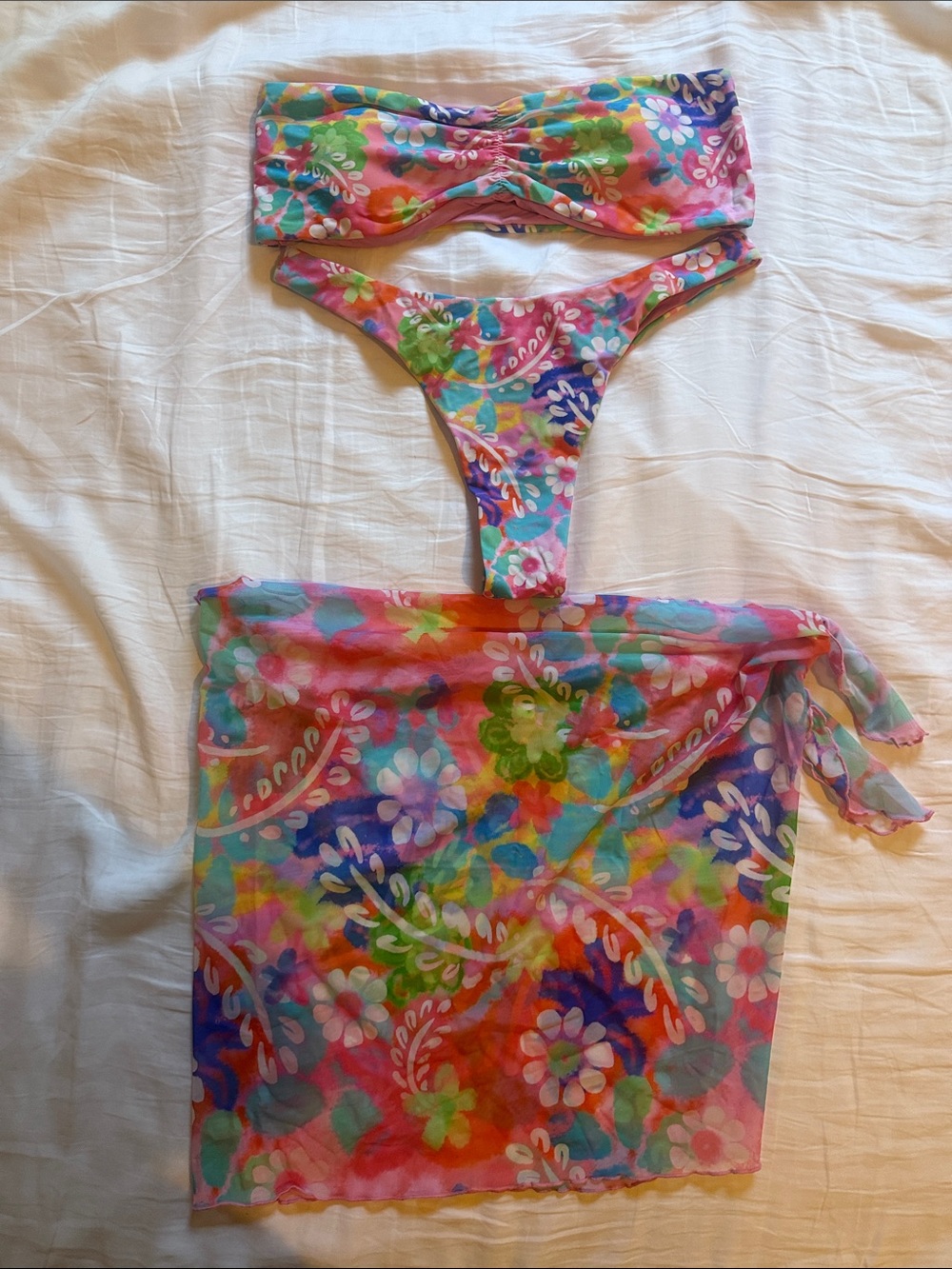 Blackbough Multicolor Floral Bandeau Bikini Set with Sarong